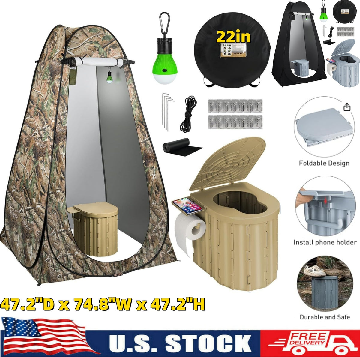 Portable Camping Toilet with Pop-Up Privacy Tent Folding Camp Bathroom