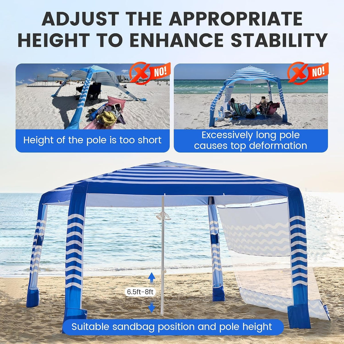 8x8 ft Sun Shade Canopy with Side Wall - UPF 50+ Beach Shelter Tent