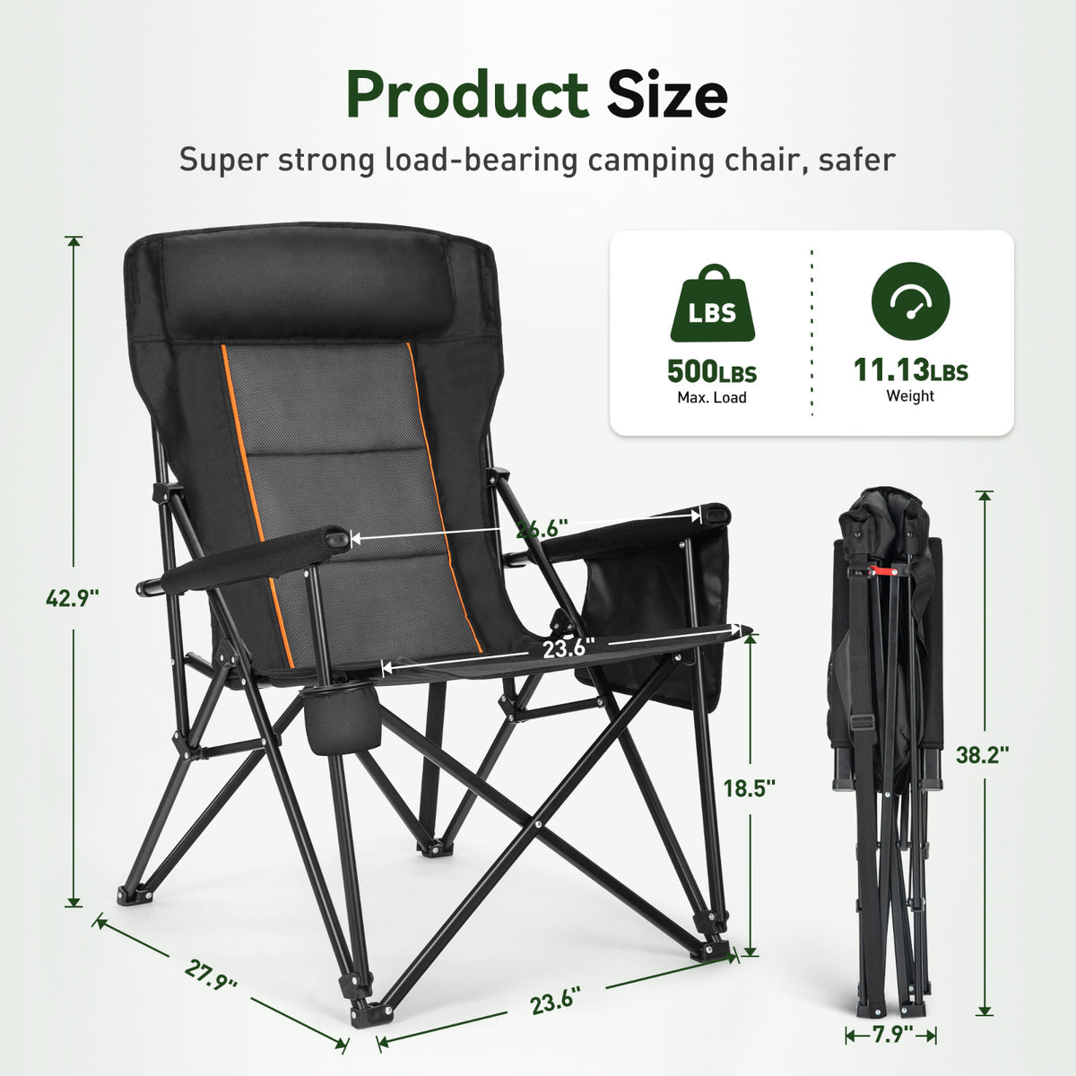 Heavy Duty Oversized Camping Chair with High Back Support - Portable 500LBS Black