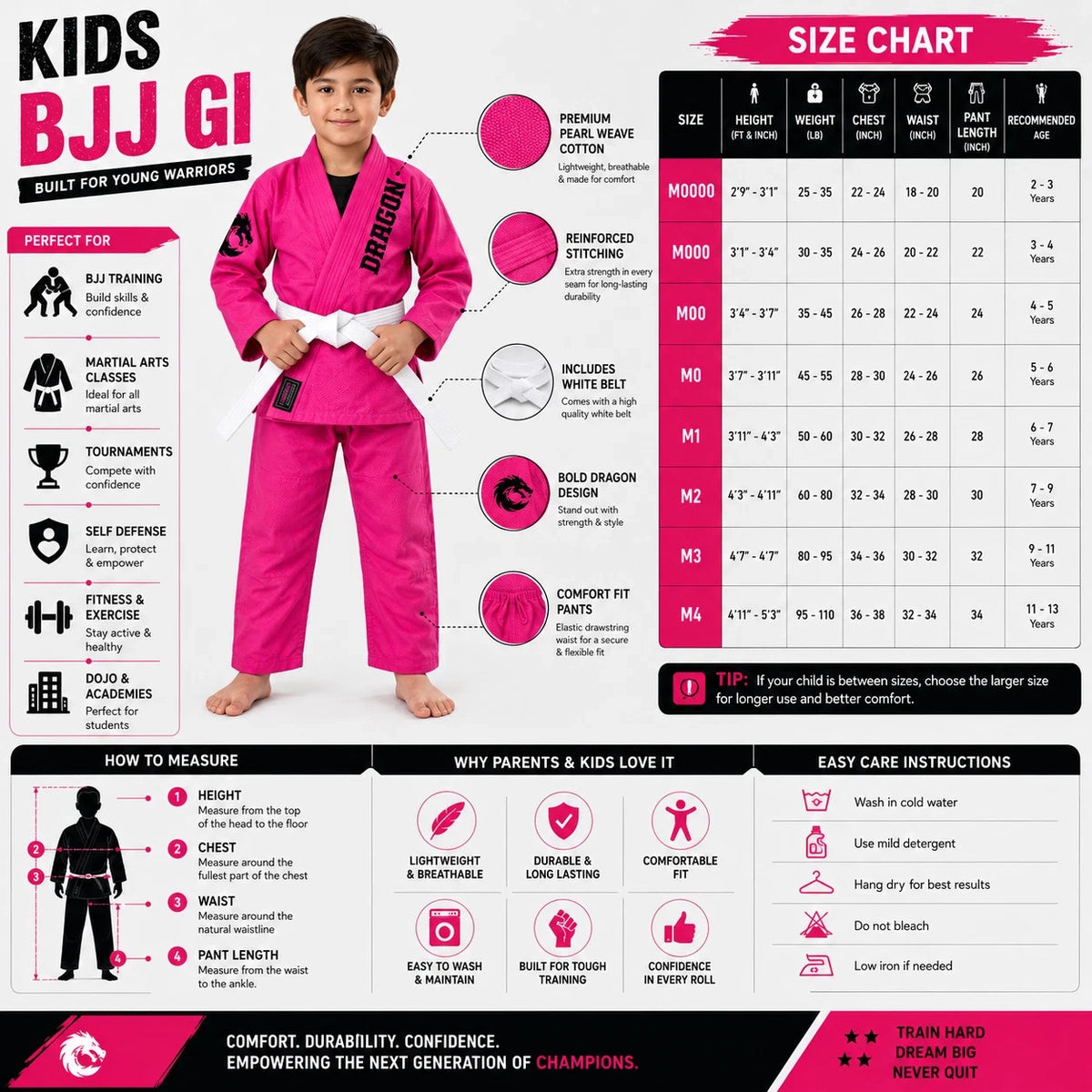 Kids Girls Pink BJJ Gi Suit with White Belt & Bag - Martial Arts Uniform