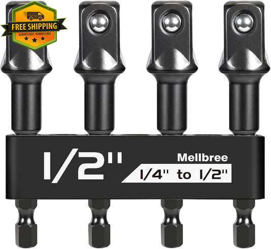 Impact Socket Adapter 1/4 Hex to 1/2 Inch Square Drive CR-V Steel Kit 4 Pack