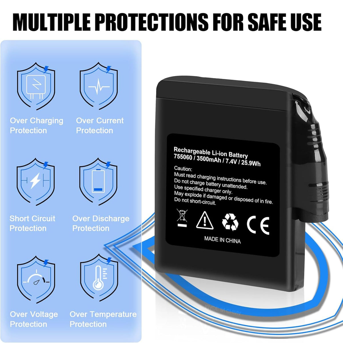 Rechargeable 7.4V 3500mAh Battery Pack for Heated Gloves and Socks - 2 Pack