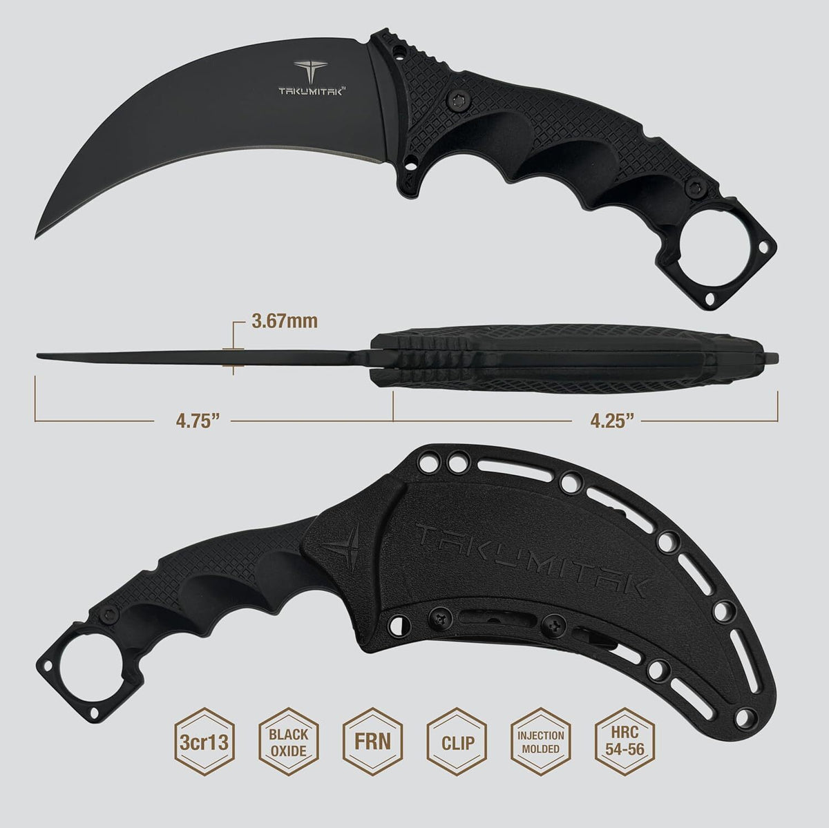 9-Inch Full Tang Tactical Karambit Knife with MOLLE Webbing Clip and Extra Handle