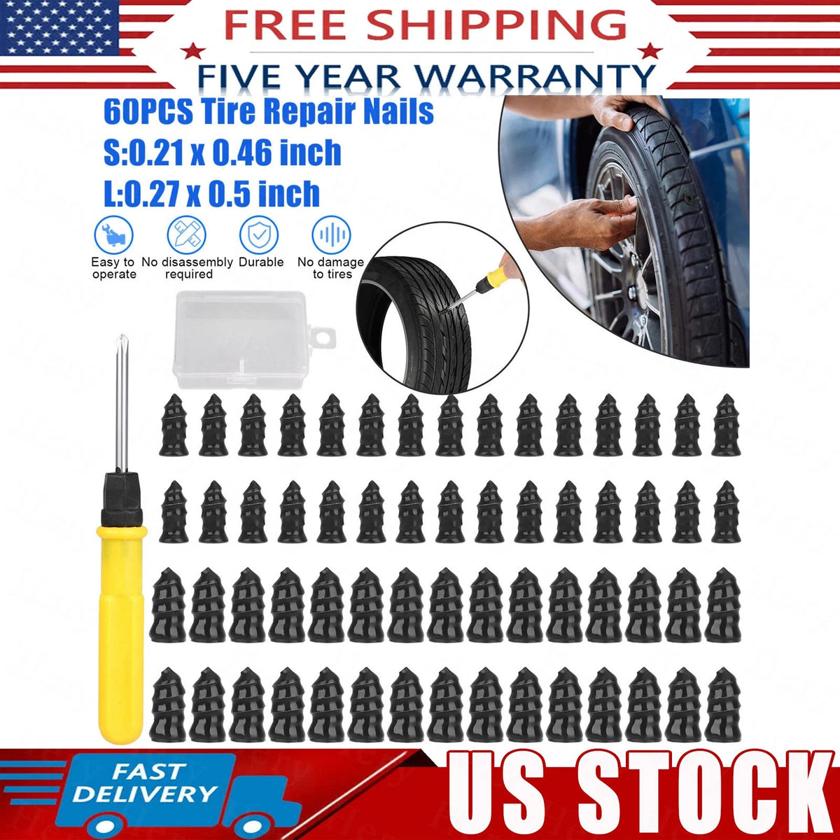 60PCS Tire Repair Kit with Self-Injecting Rubber Plugs and Screwdriver
