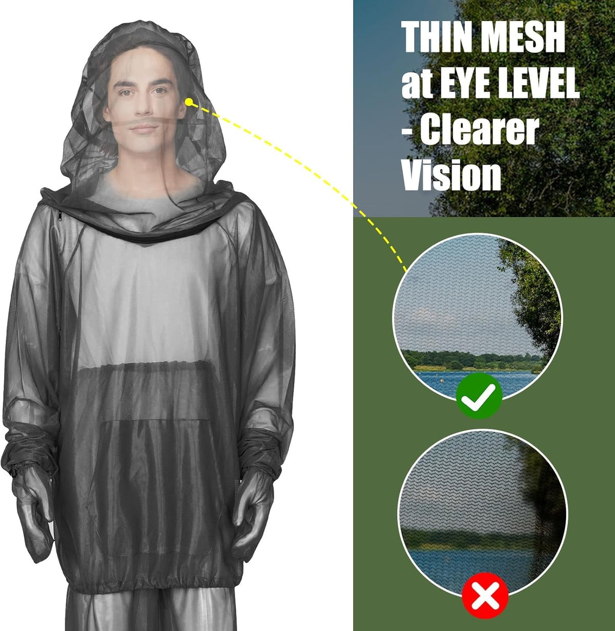 Unisex Outdoor Mosquito Jacket with Hood & Mitts Lightweight Mesh Bug-Proof