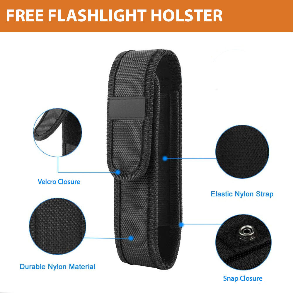 Rechargeable LED Tactical Flashlight 2-Pack, Waterproof Work Light with Holster
