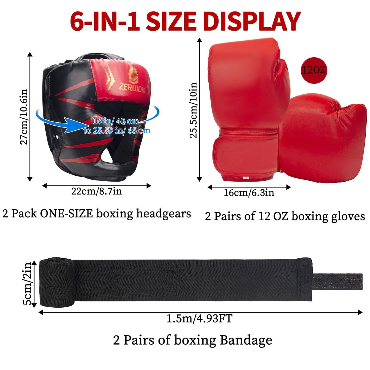 8-Piece Boxing Gloves Set with Headgear and Hand Wraps - PU Leather, Black & Red