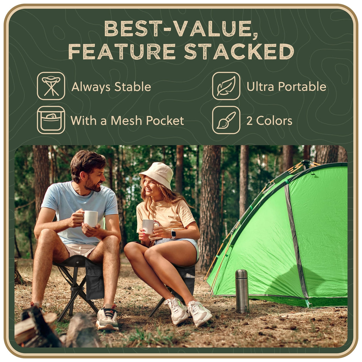 Foldable Tripod Stool 13.4" Portable Camping Seat with Mesh Pocket