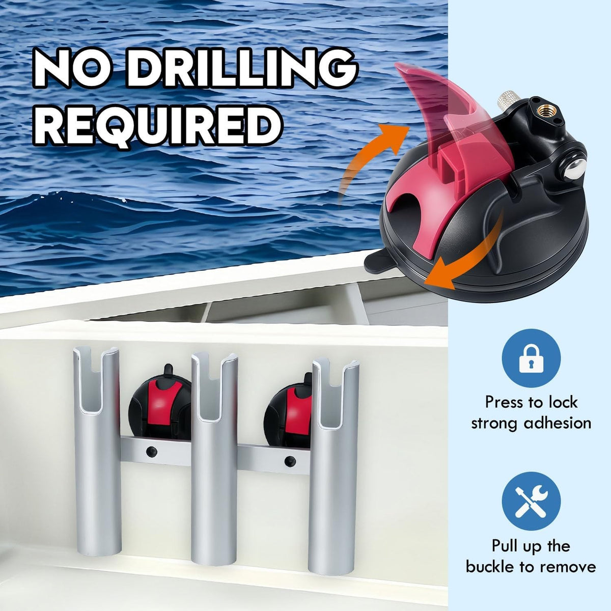 Fishing Rod Holder with Suction Cup Mount for Boat and Truck - Holds 3 Rods