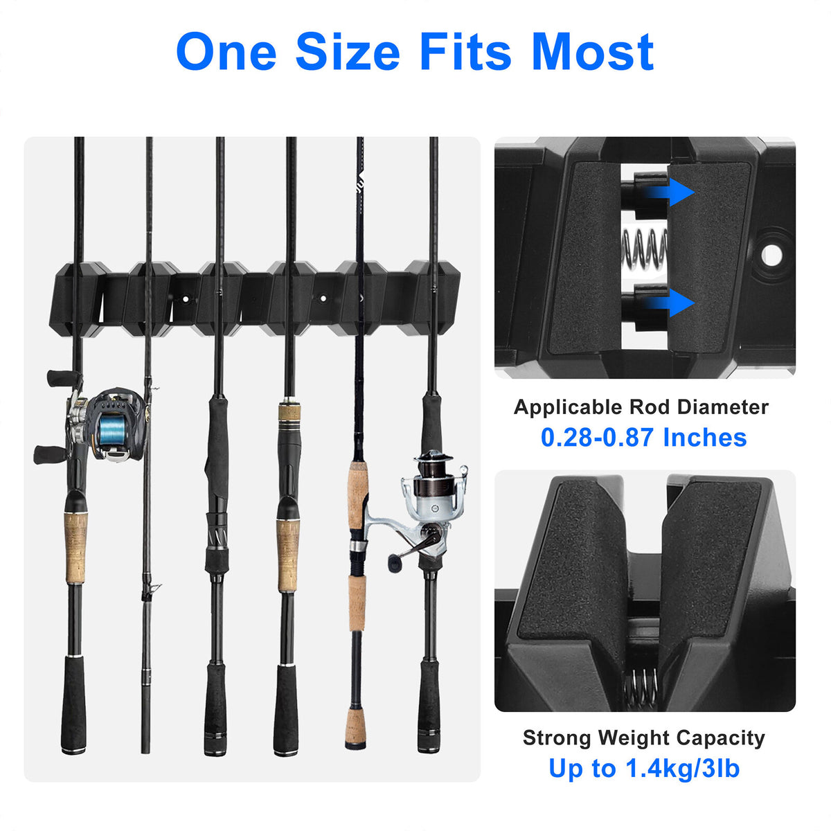 Wall Mount Fishing Rod Holder Rack for Garage & Boat Storage, Black