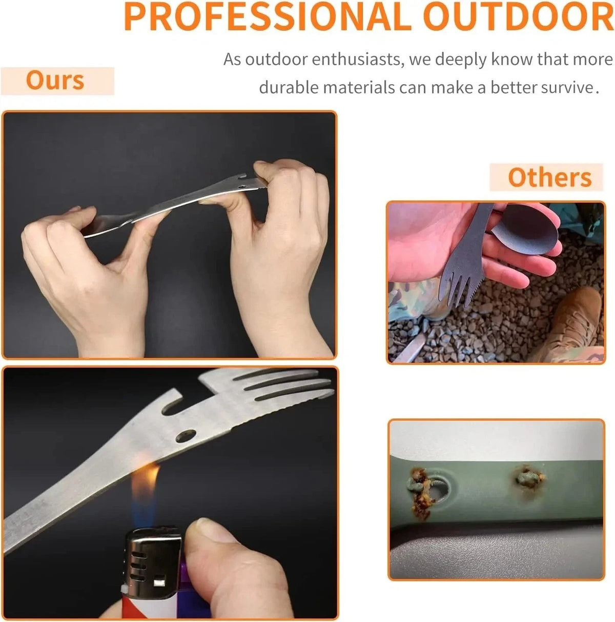 5-in-1 Stainless Steel Camping Spork Set with Bottle Opener & Carabiner