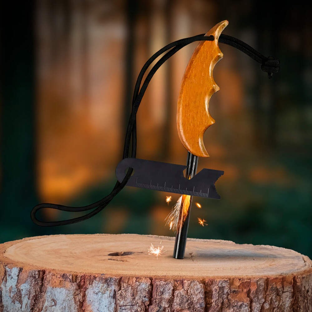 Ferro Rod Fire Starter Kit with Wooden Handle, Fatwood & Burlap Bag