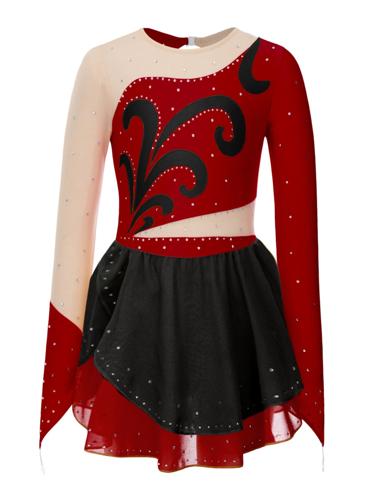 Girls Figure Skating Dress Long Sleeve Rhinestone Mesh Ice Skating Competition