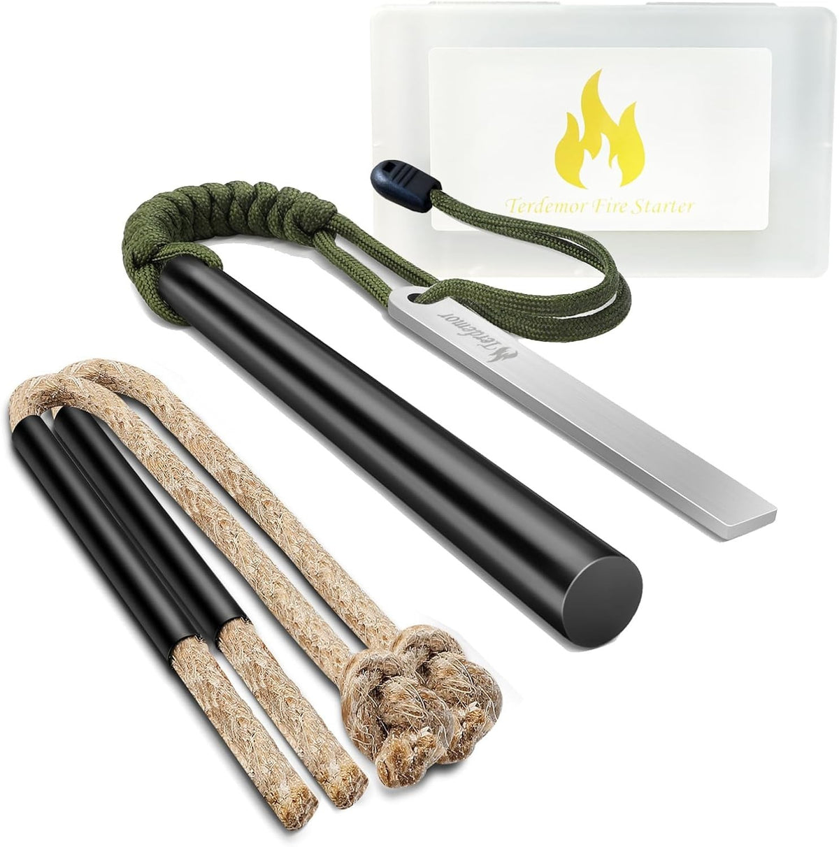 Outdoor Ferro Rod Fire Starter Kit with 5-Inch Ferro Rod, Tinder Wicks & Paracord