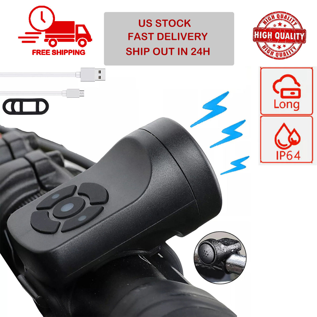 USB Rechargeable Bicycle Horn with 120dB Loud Alarm & Multiple Sounds