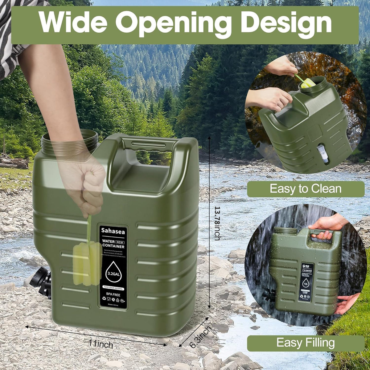 3.2-Gallon Portable Camping Water Jug with Spigot - Leak-Proof, Food Grade, Green