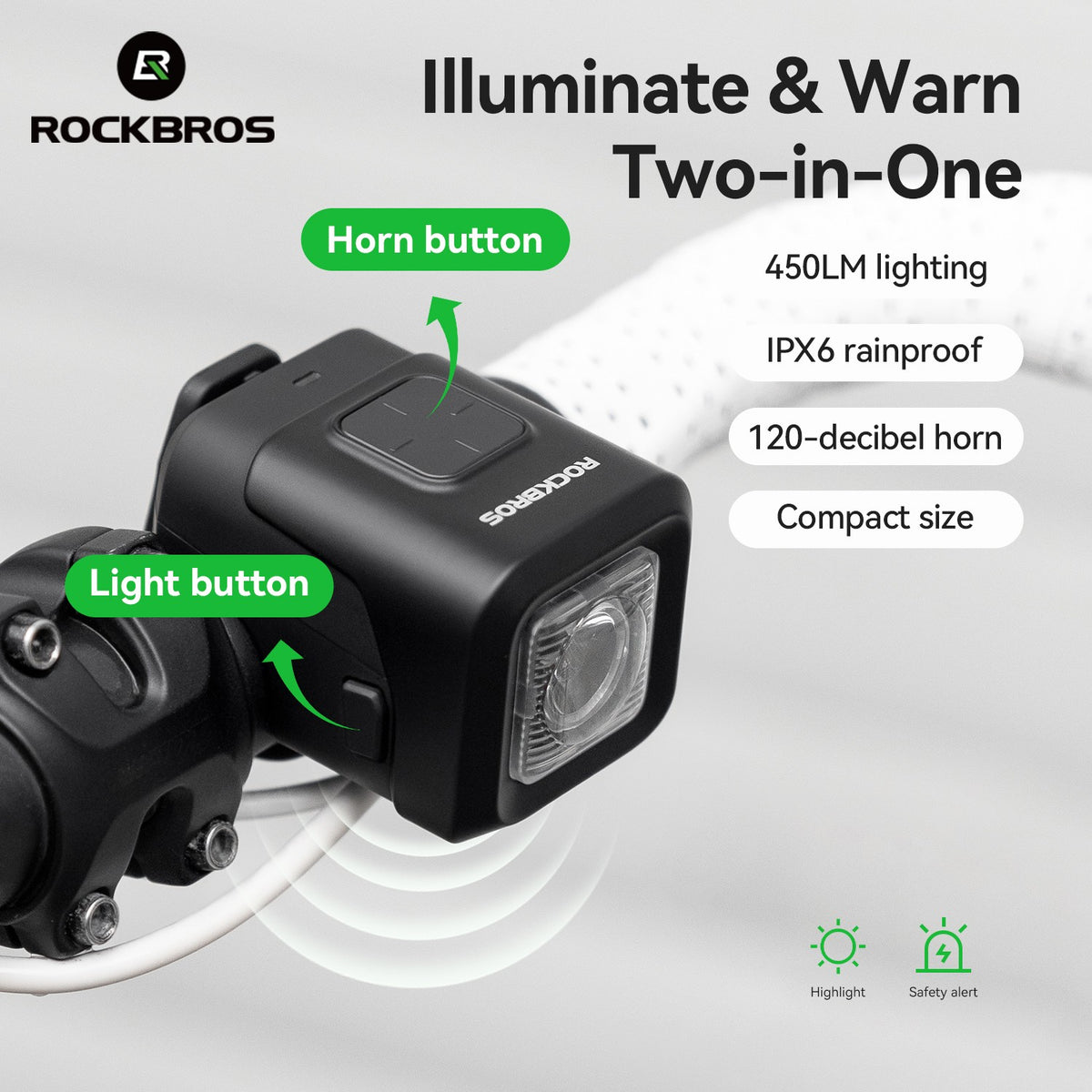 Bike Horn and Light 2-in-1 Waterproof 120dB Horn & 450LM Front Light