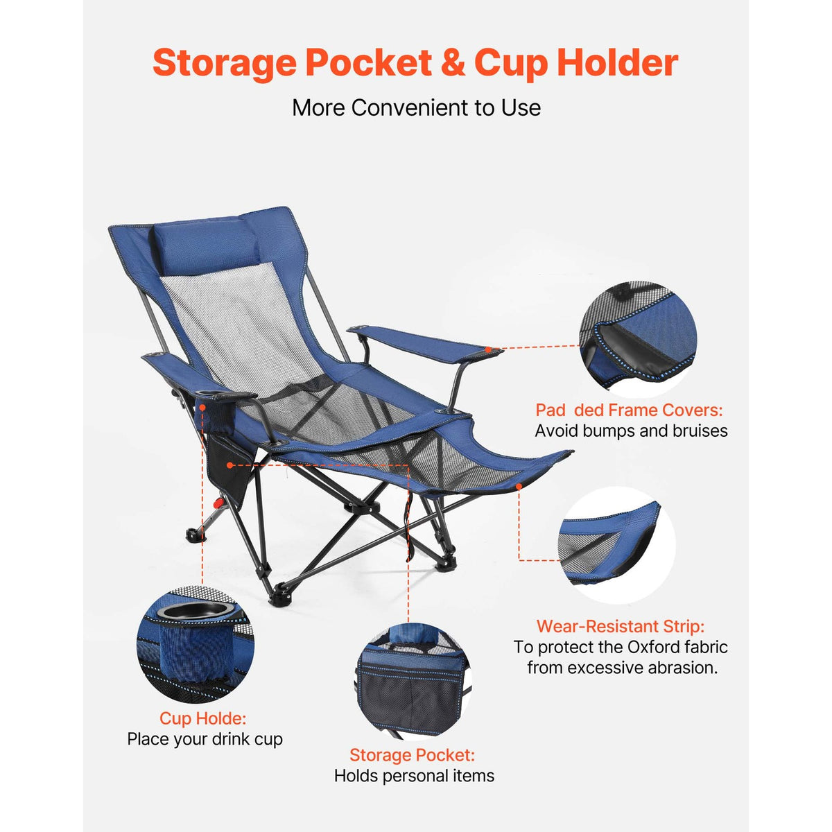 Heavy-Duty Portable Folding Camping Chair with Recline and Footrest - Blue