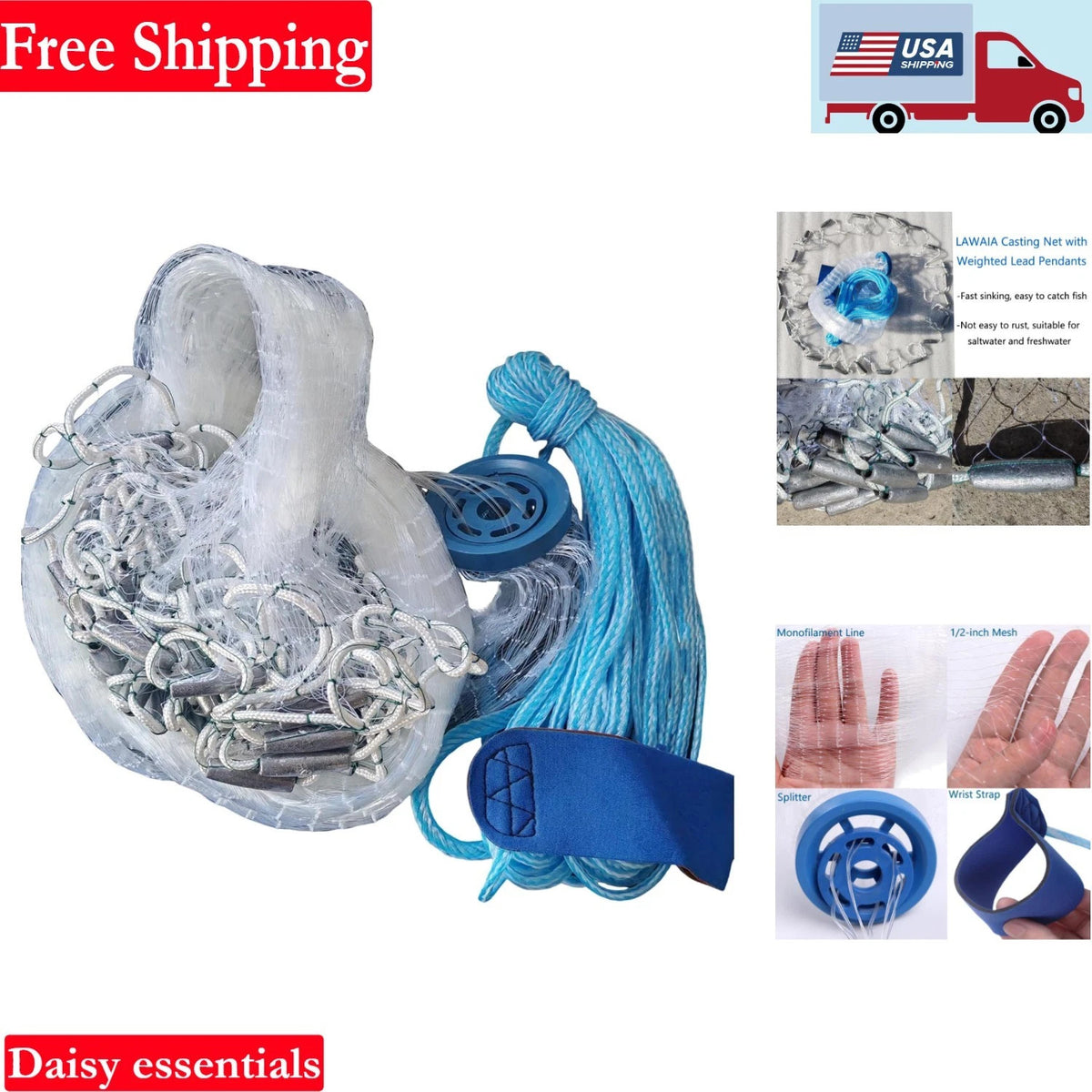 8 Ft Cast Net for Fishing with Sinker Nylon Monofilament - Easy Throw Bait Net
