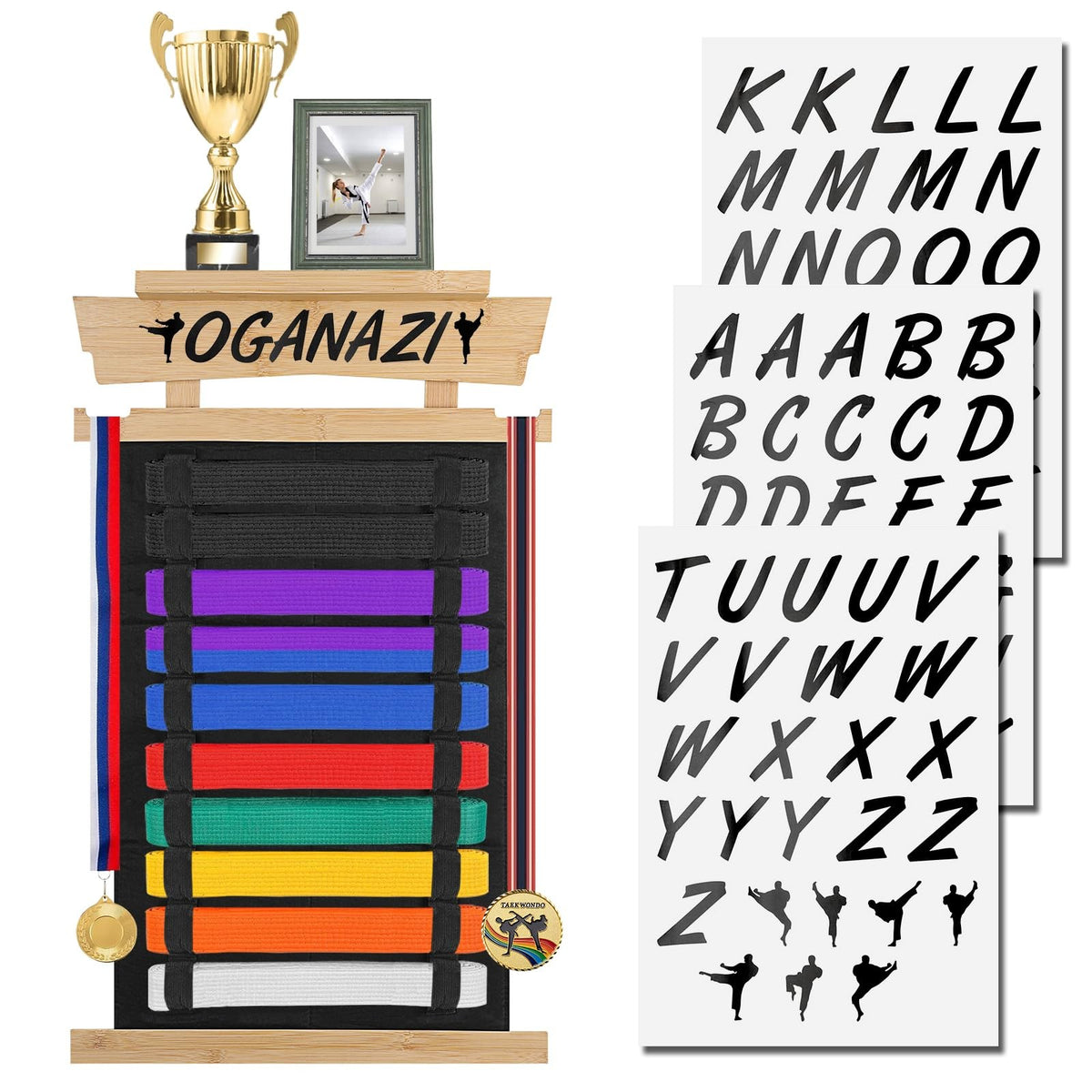 Karate Belt Display Rack with Trophy Holder and Personalized Stickers - Wooden