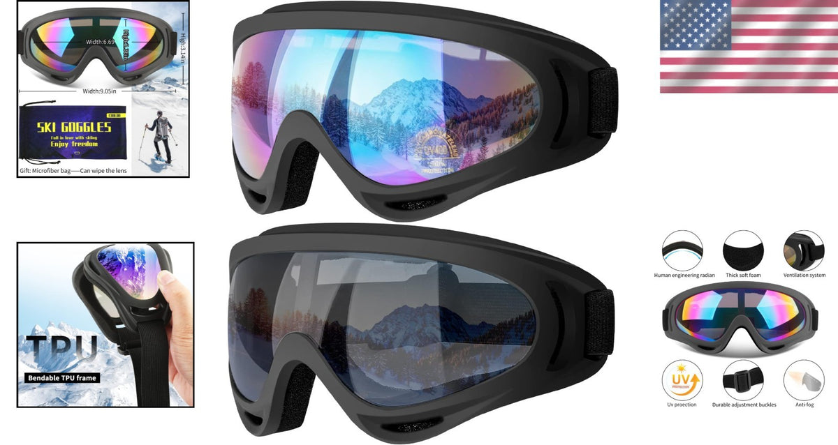 Universal Fit Ski & Snowboard Goggles 2 Pack with UV Protection