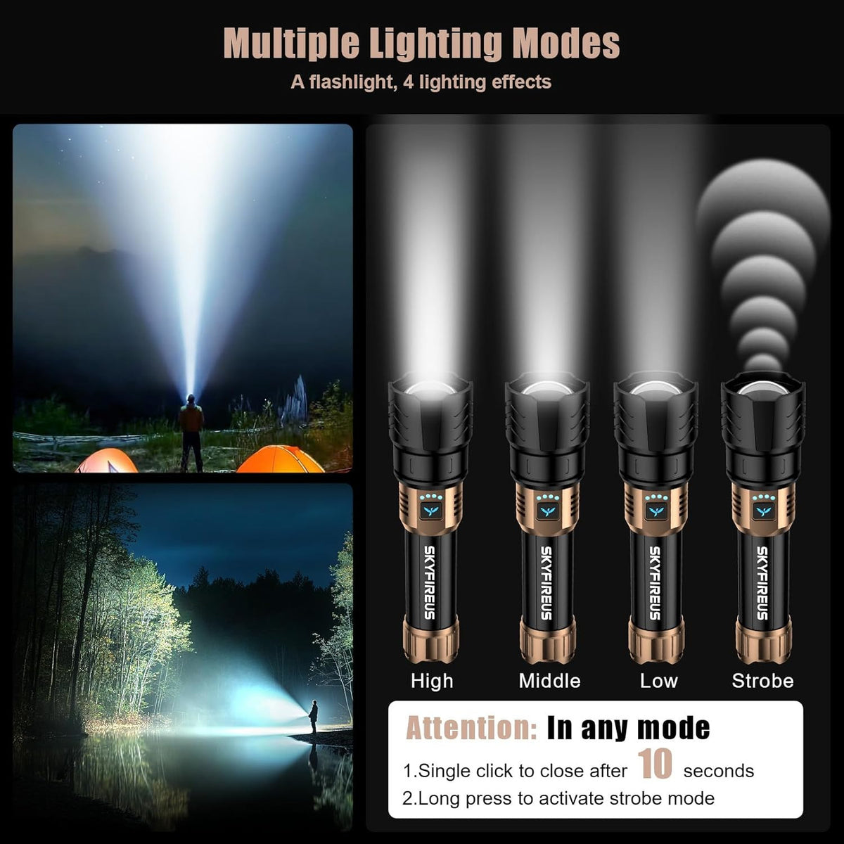 Rechargeable LED Flashlight 10000 Lumens Super Bright Handheld Torch with Zoom
