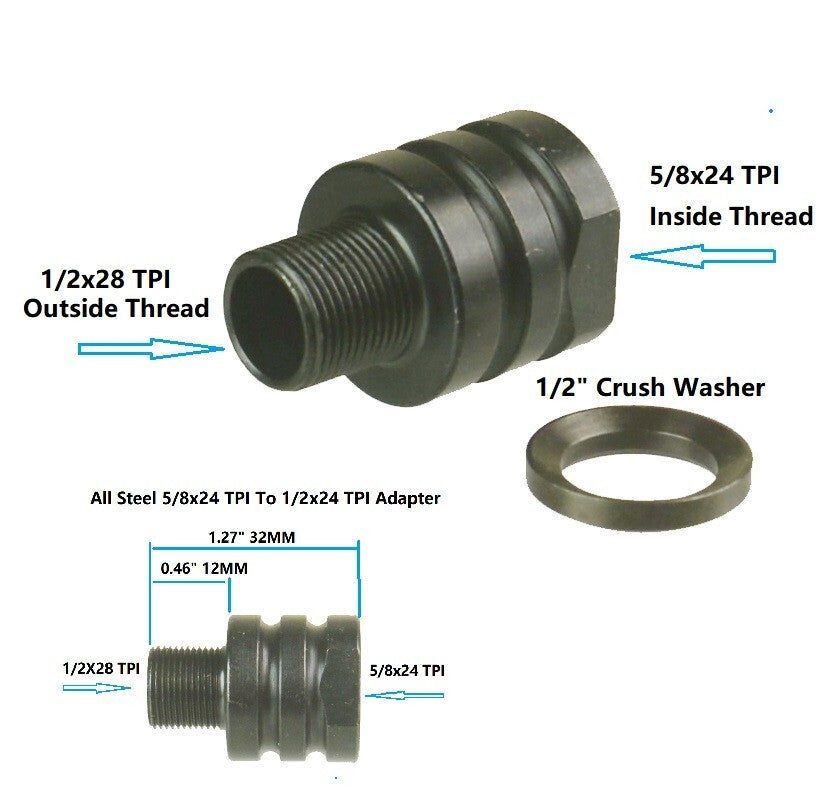 Steel 5/8x24 Inside Thread to 1/2x28 Outside Thread Muzzle Adapter - Black