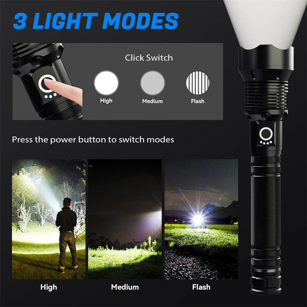 1200000LMS Super Bright Rechargeable LED Flashlight with Zoom, IPX7 Waterproof, Tactical Torch