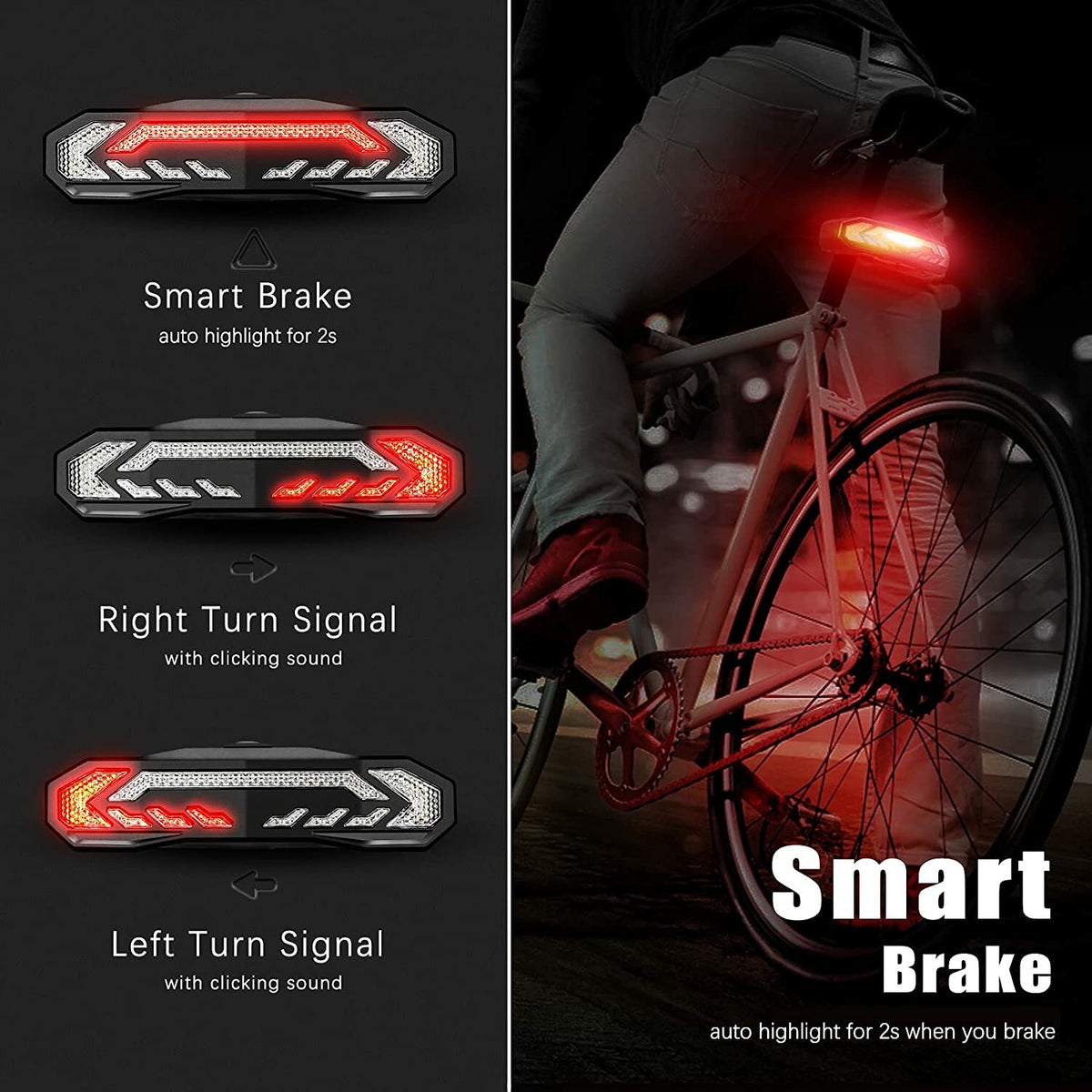 Wireless Bike Tail Light with Turn Signals & Brake Light - Waterproof, USB Rechargeable, 6 Modes