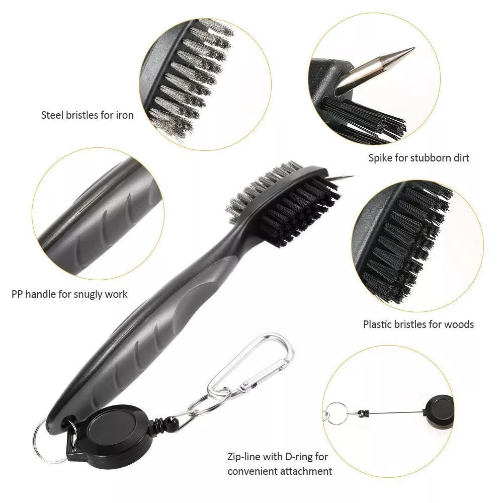 Golf Club Groove Brush Cleaner with Retractable Hook & Aluminum Carabiner