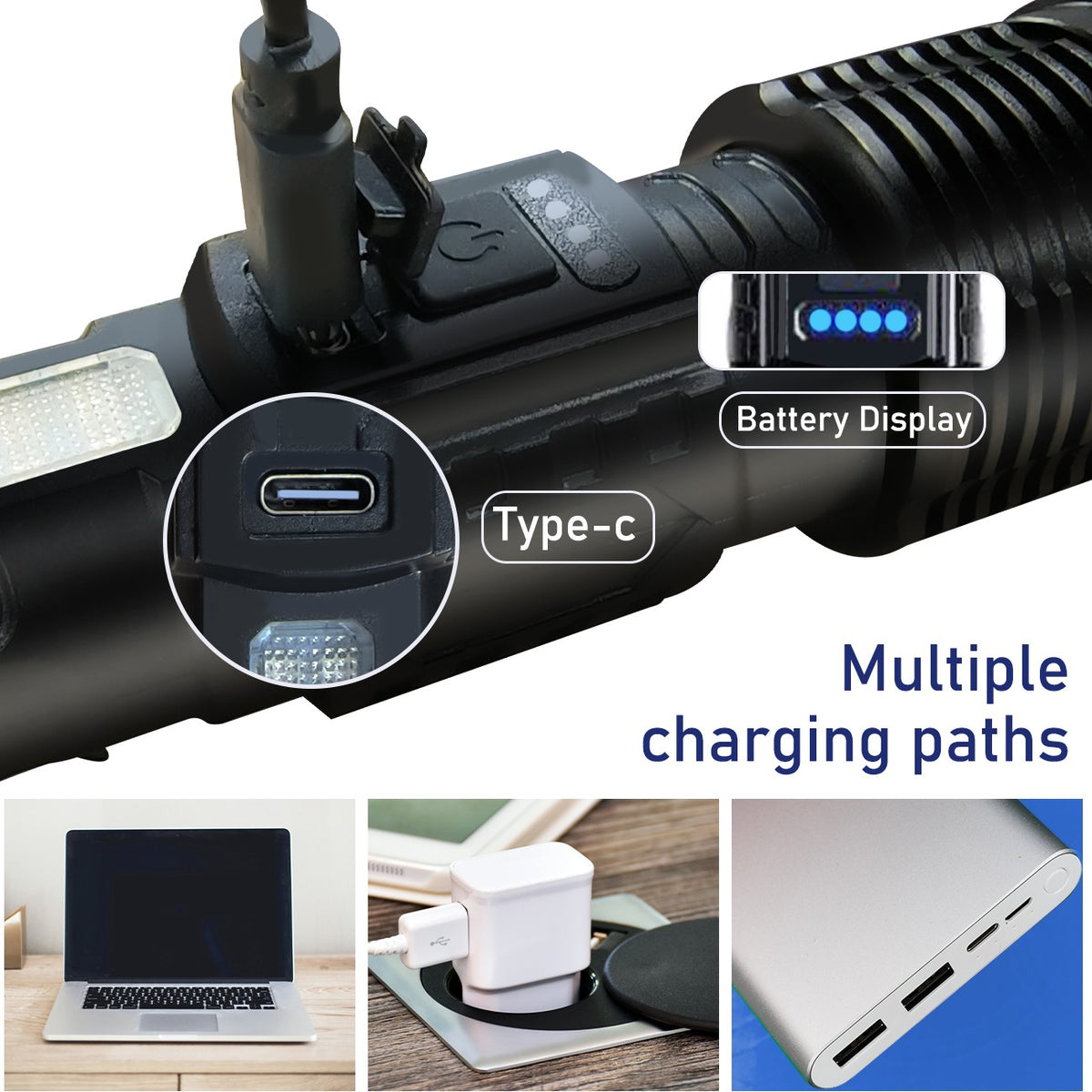 Rechargeable Super Bright Telescopic Zoom Flashlight with 3 Color Modes - 2 Pack