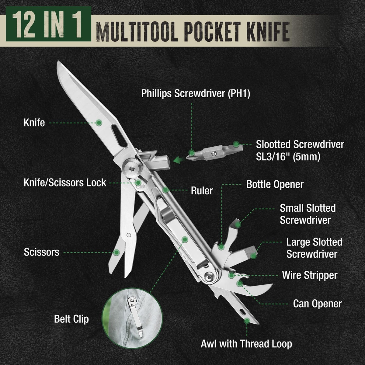 12-in-1 Multitool Pocket Knife Stainless Steel Outdoor Survival Tool