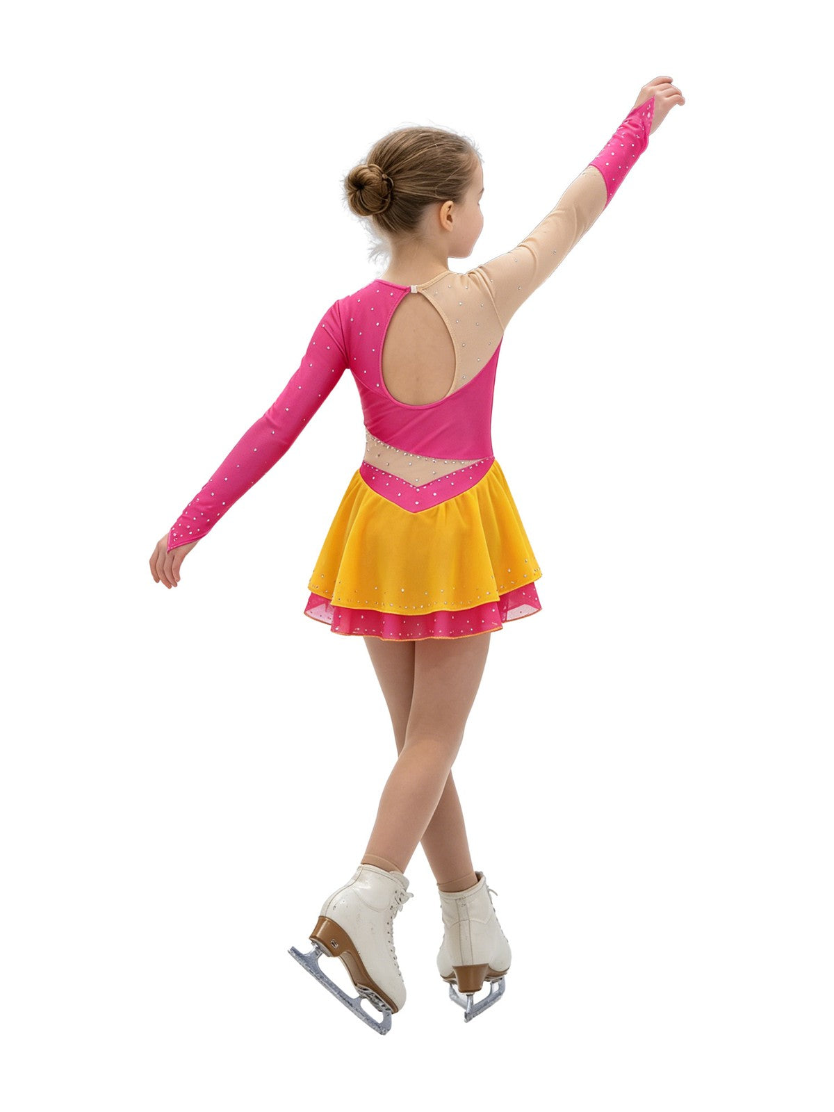 Girls Figure Skating Dress Long Sleeve Rhinestone Mesh Ice Skating Competition