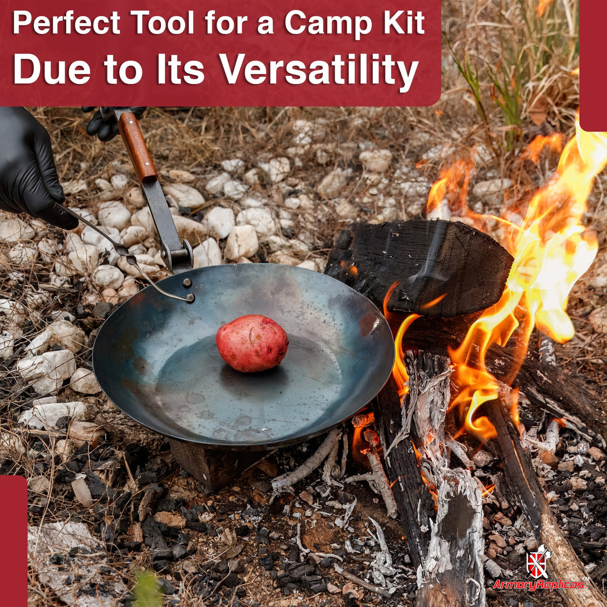 Heavy Duty Folding Camping Frying Pan with Walnut Handle - Outdoor Cookware
