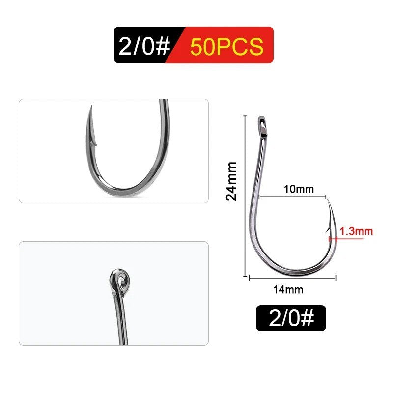 50PCS Ultra Sharp Carbon Steel Fishing Hooks - Offset Octopus Style, Multiple Sizes