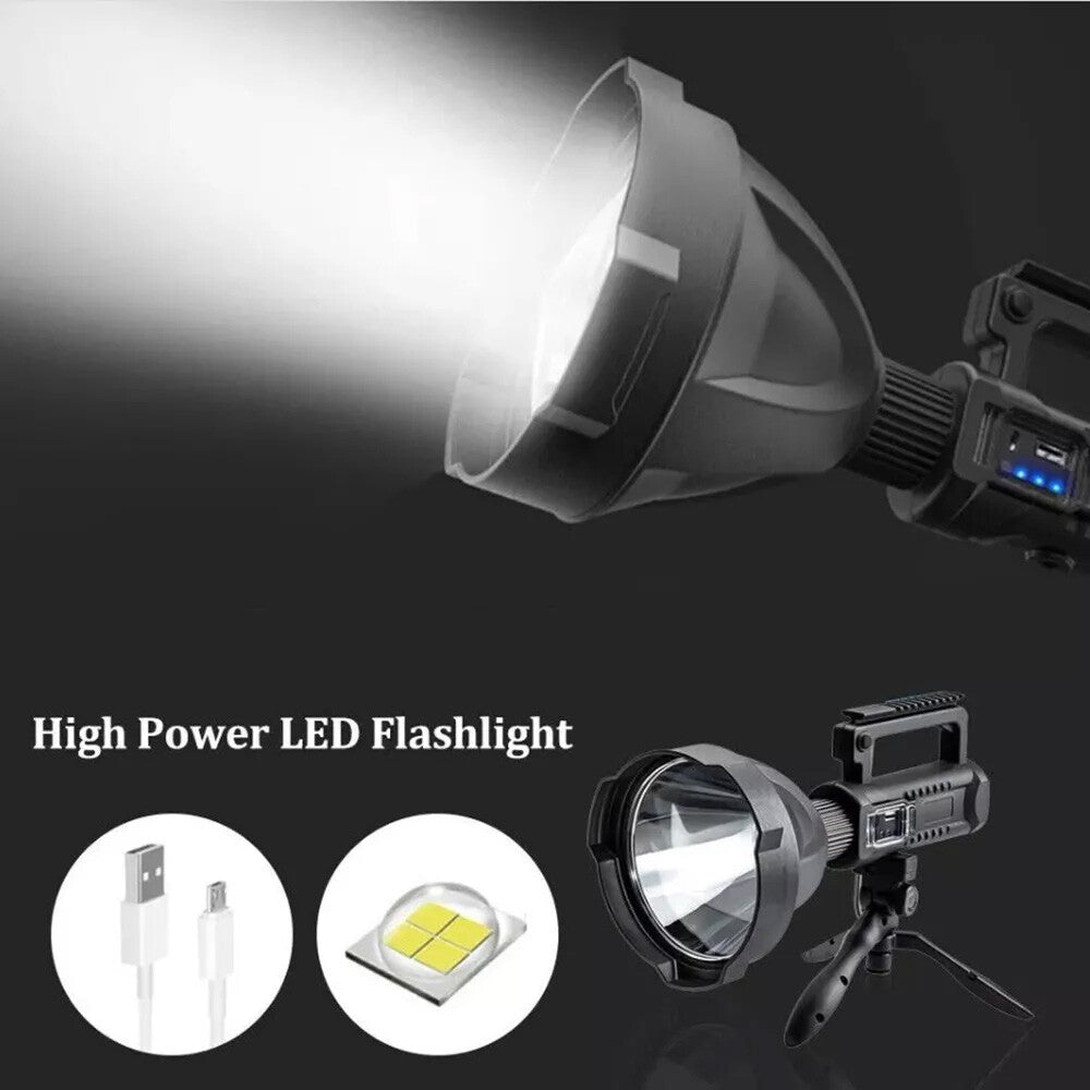 Super Bright LED Searchlight Rechargeable Spotlight with Tripod Waterproof 2,000,000 Lumens