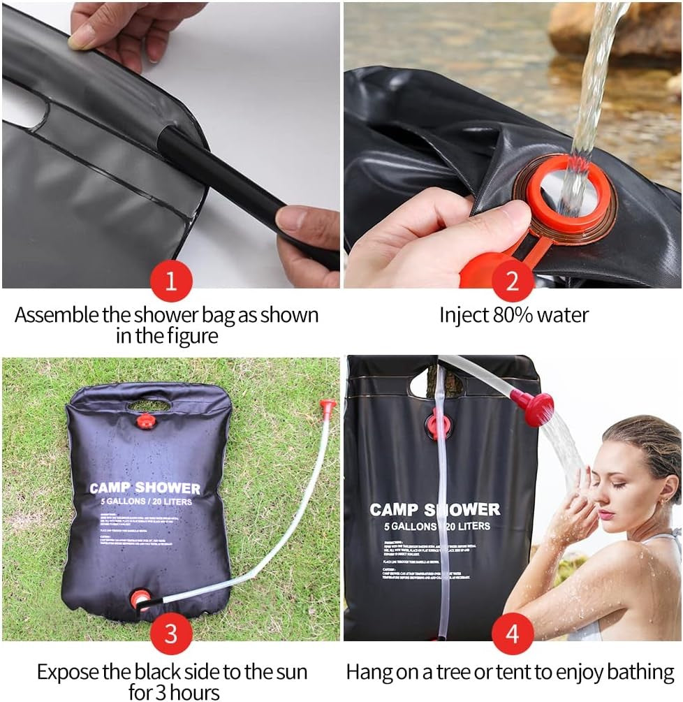 2 Pack 20L Solar Camping Shower Bags with Hose & Head - Portable Hot Water
