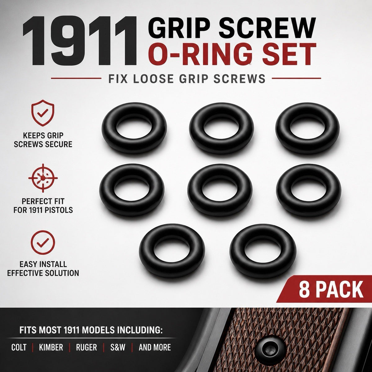1911 Grip Screw O-Rings - 8 Pack, Fix Loose Grip Screws for Colt Kimber Ruger