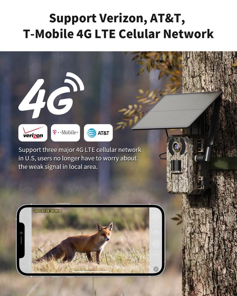 4G LTE Solar Trail Camera with 4K Live View Night Vision Waterproof Wildlife Monitoring