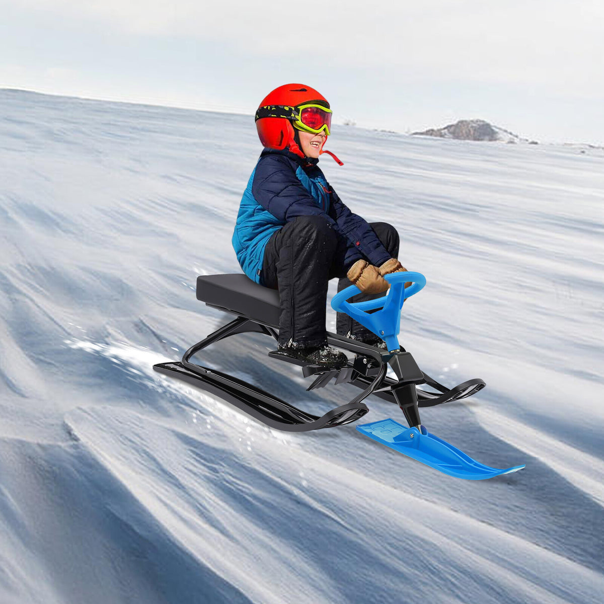 Kids & Adult Snow Racer Sled with Flexible Steering Wheel - Blue