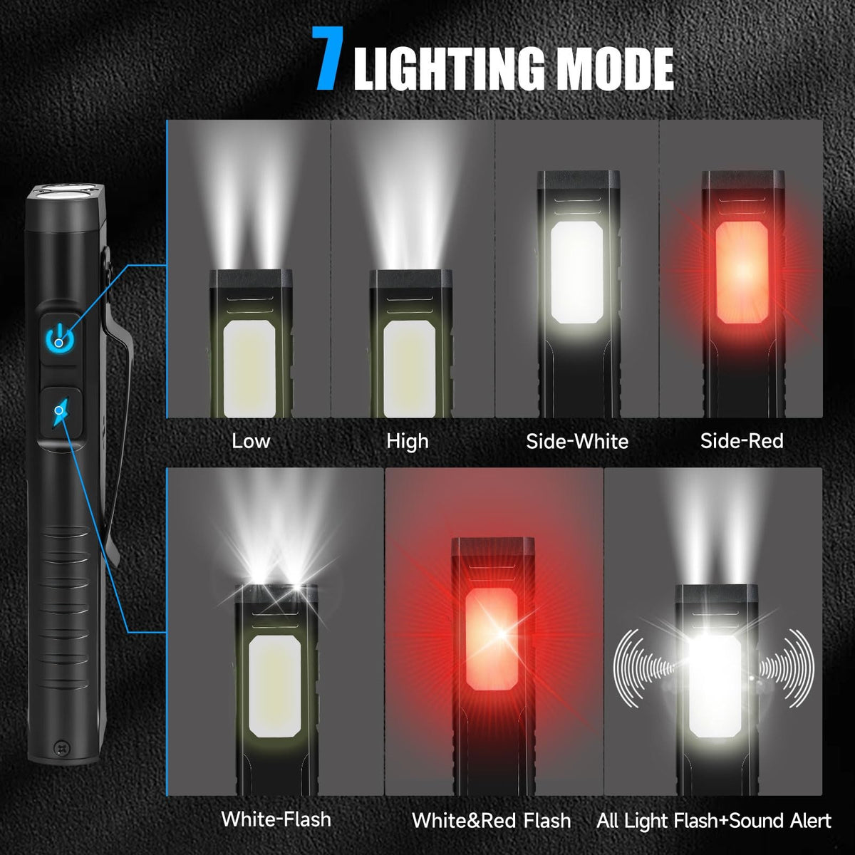 Rechargeable Pocket LED Flashlight with 7 Modes, Magnetic Base & SOS Alarm
