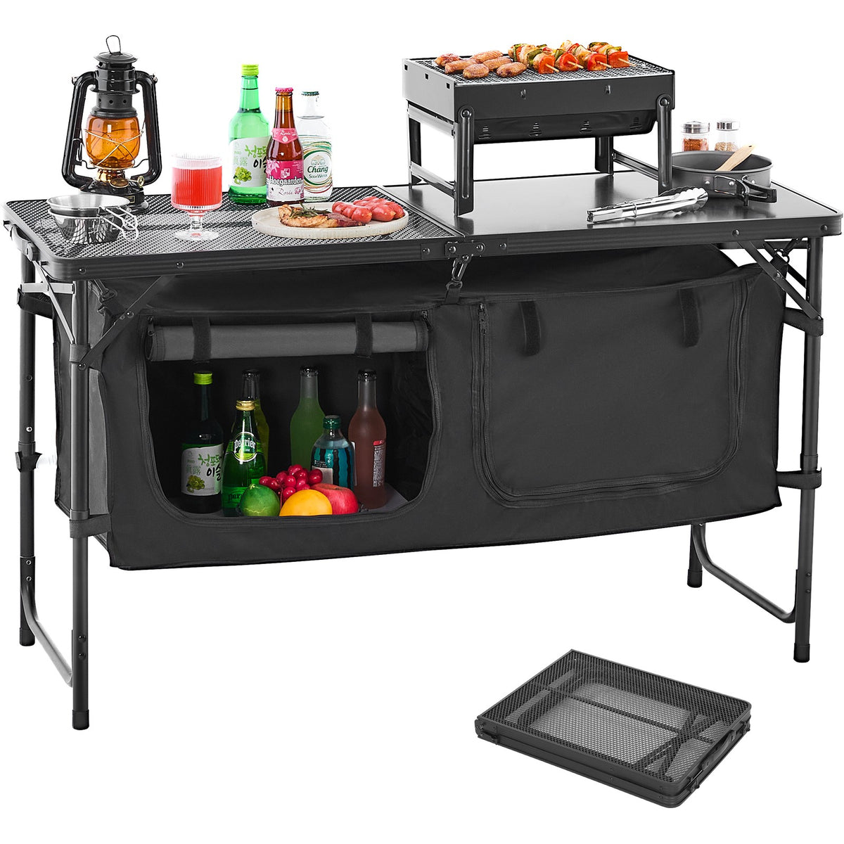 Portable Camping Kitchen Table with Adjustable Height and Storage
