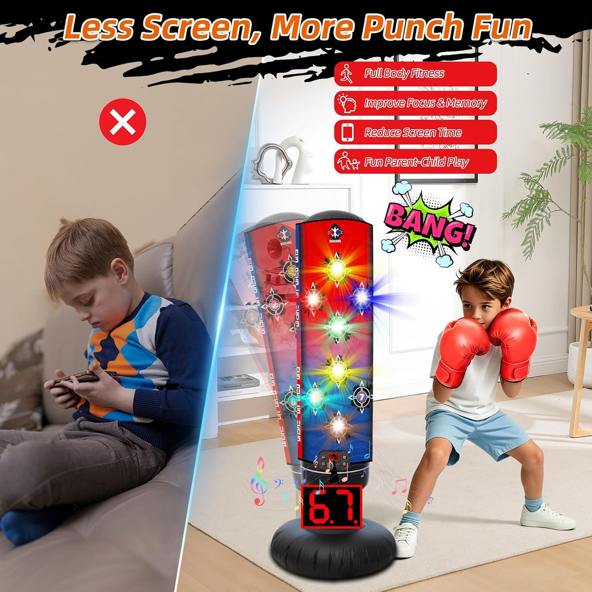 Kids Inflatable Punching Bag with Music & Light-Up Targets - Boxing Set for Ages 3+