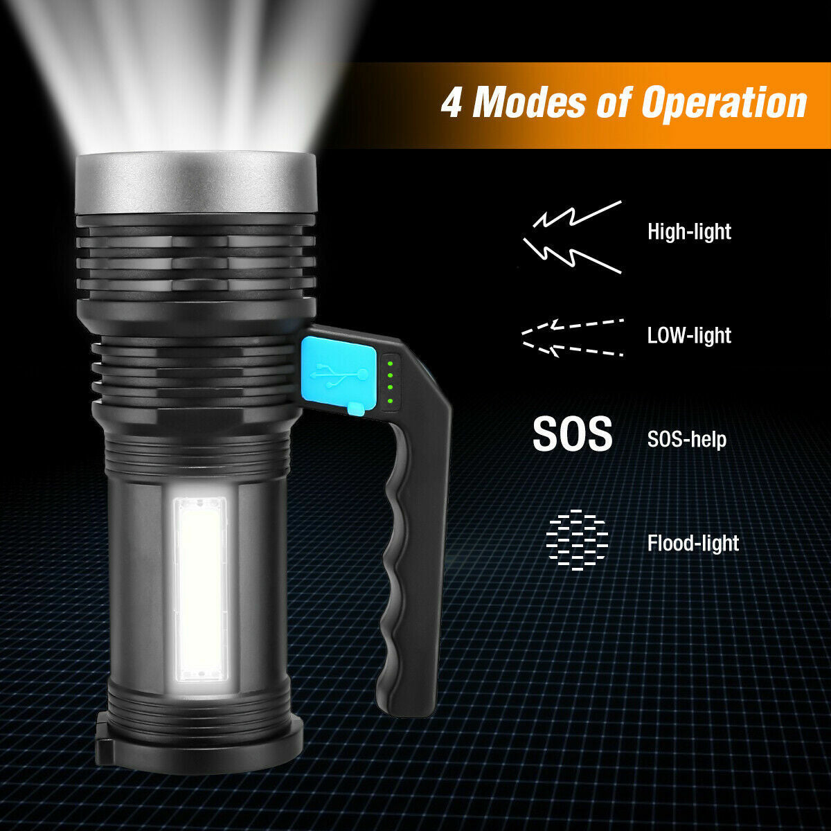 Rechargeable Handheld Searchlight Flashlight with 500m Beam, Waterproof, USB Charging