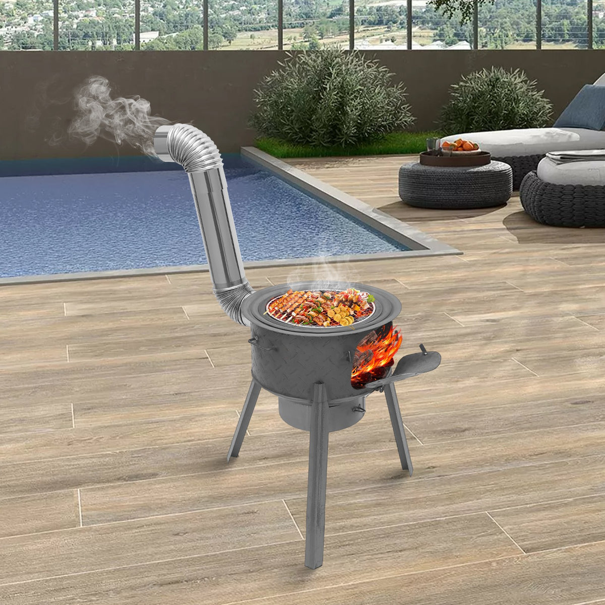 Portable Camping Wood Stove with Wok Rings, Stable Steel Support