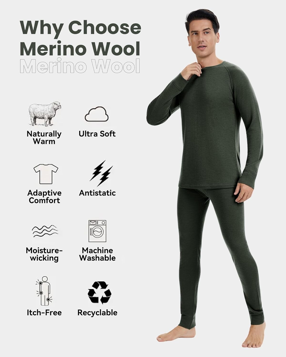 Men's Merino Wool Base Layer Set Thermal Underwear Midweight S-XL
