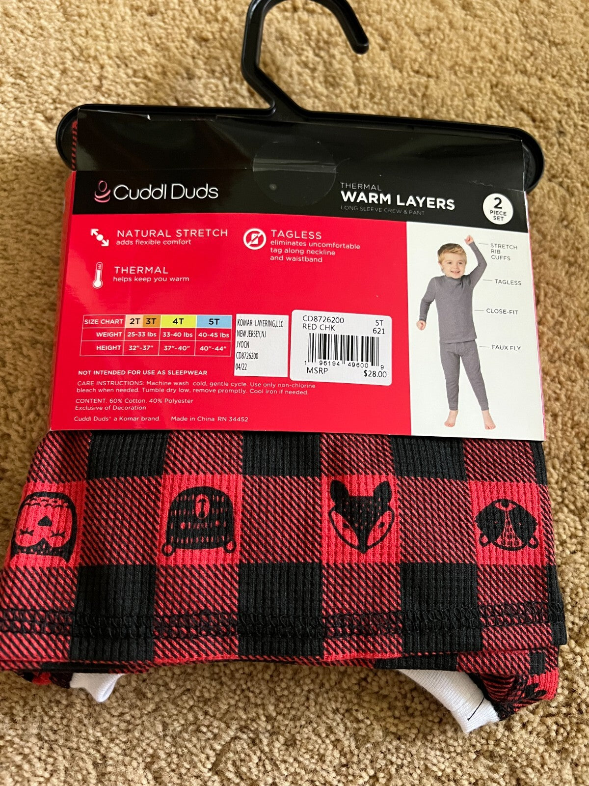 Cuddl Duds Boys Plaid Baselayer Top and Bottom Set, Size 5T