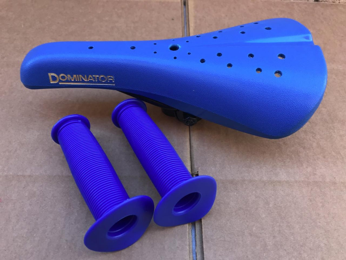Old School BMX Bicycle Seat with Blue Hard Shell and Mushroom Grips