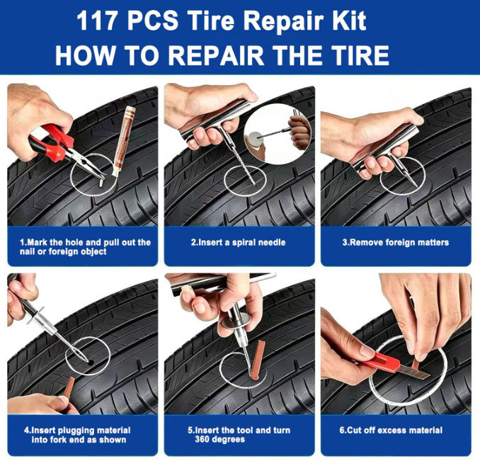 Automotive Tire Repair Kit 117 Pieces for Cars Motorcycles Trucks ATV