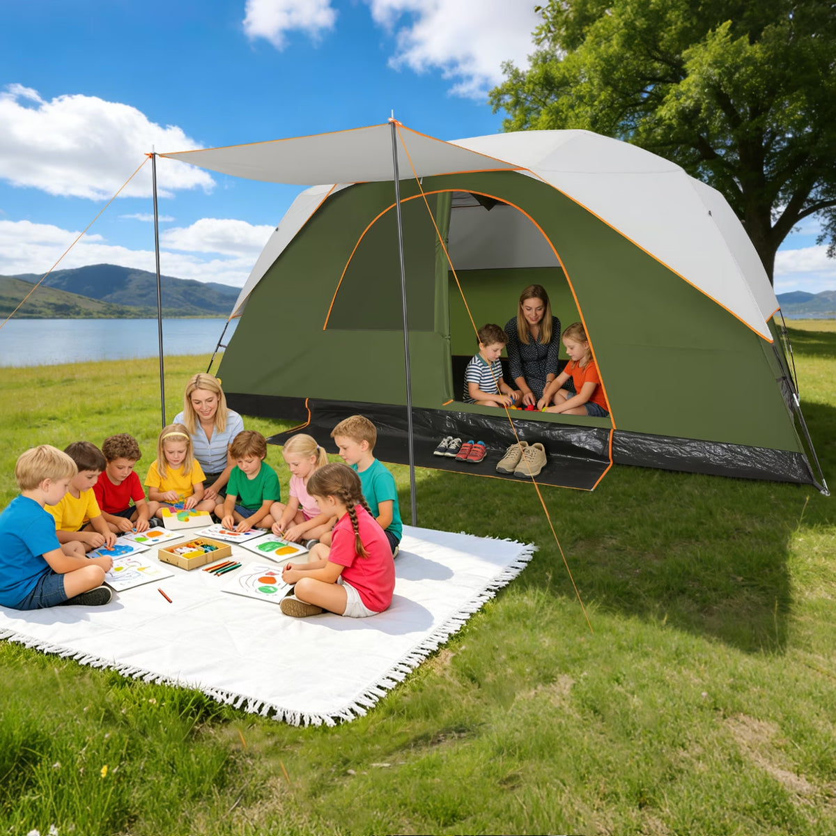 10-12 Person Camping Tent with Rainfly and Screen - Easy Setup, All-Weather Waterproof